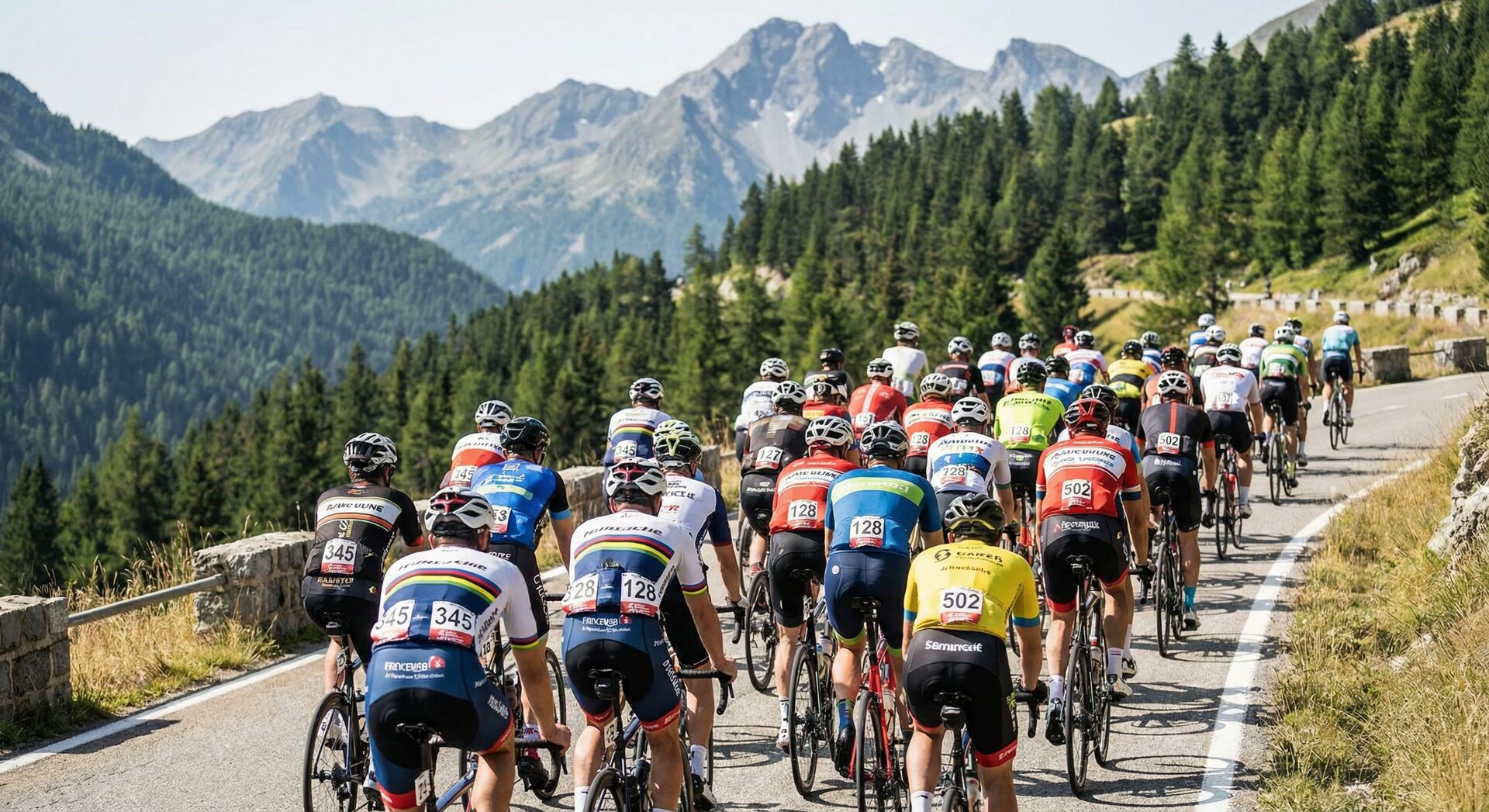 Gran fondo peloton with dozens of cyclists and visible bib numbers — the core challenge for AI photo tagging