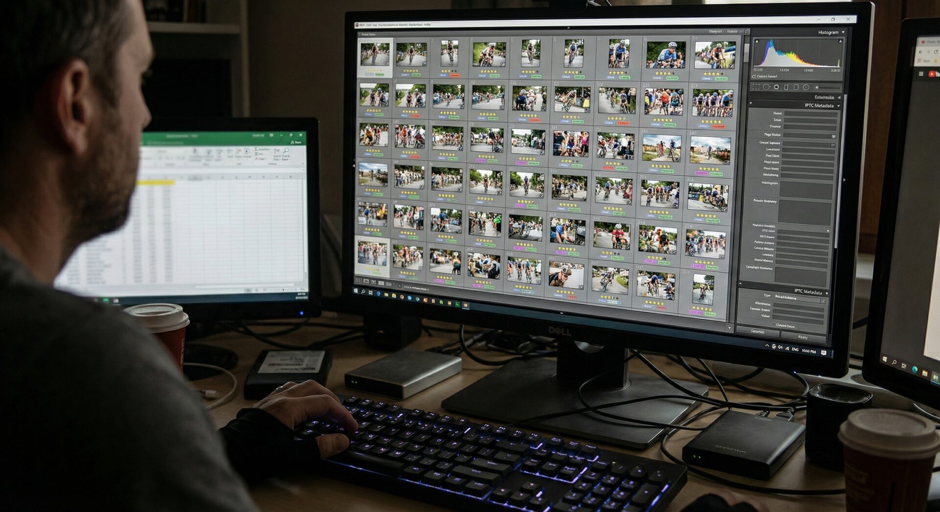 Photo Mechanic contact sheet interface showing manual race photo culling with star ratings and IPTC metadata