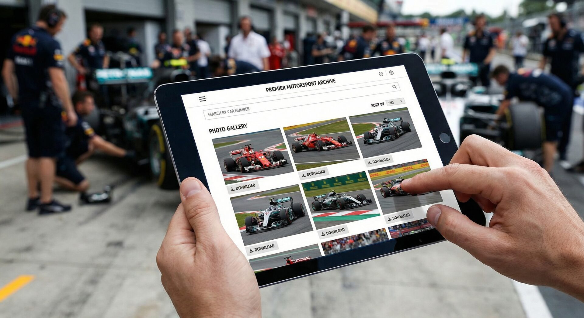 Client viewing professional motorsport photo gallery on tablet — the final step of the automated workflow