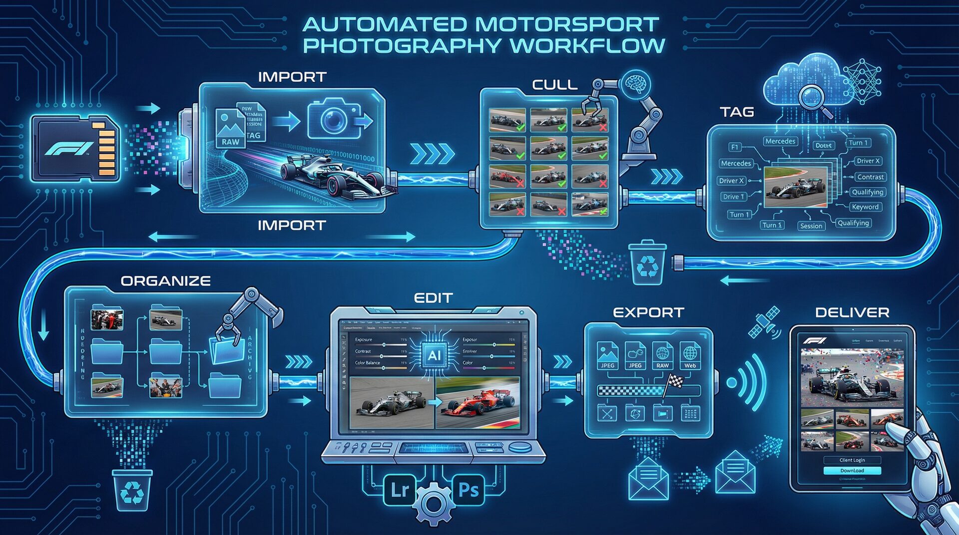 Automated motorsport photography workflow: from SD card import through AI tagging to client gallery delivery
