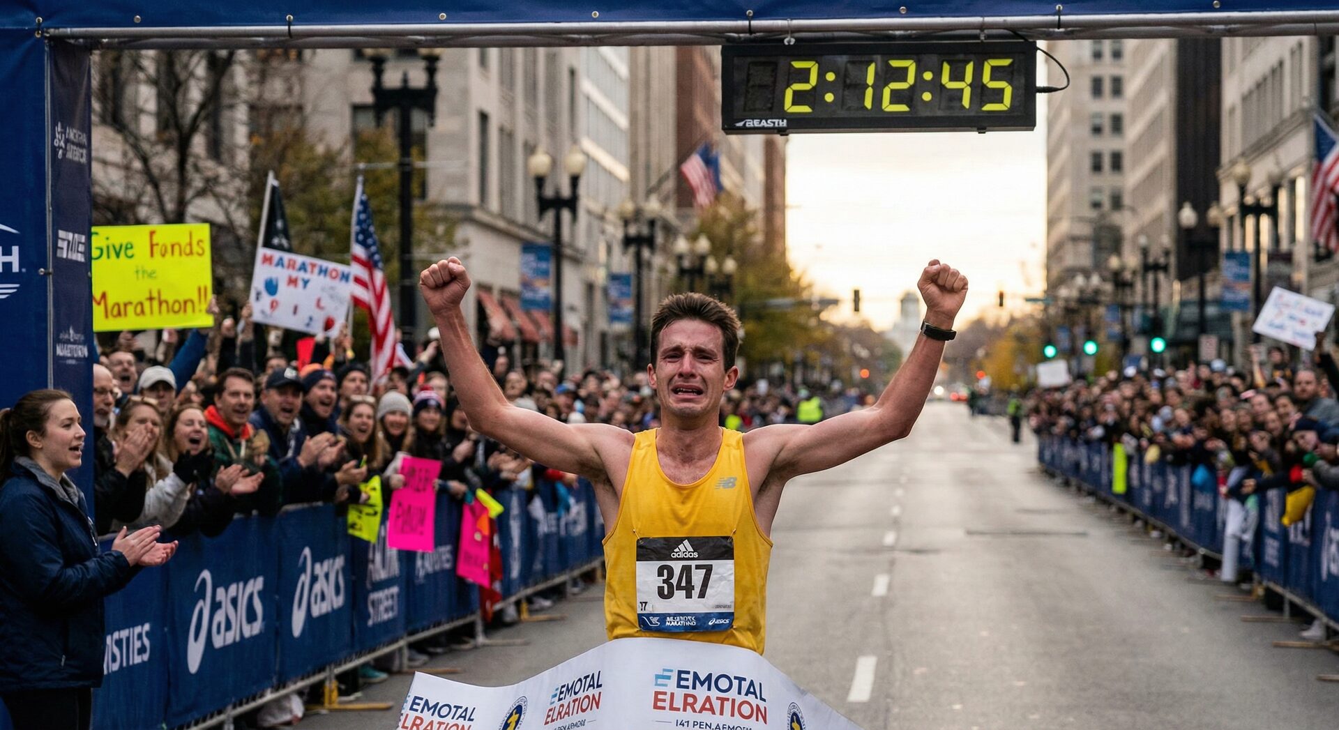 Marathon runner crossing finish line with bib number visible on chest — crowd cheering in background
