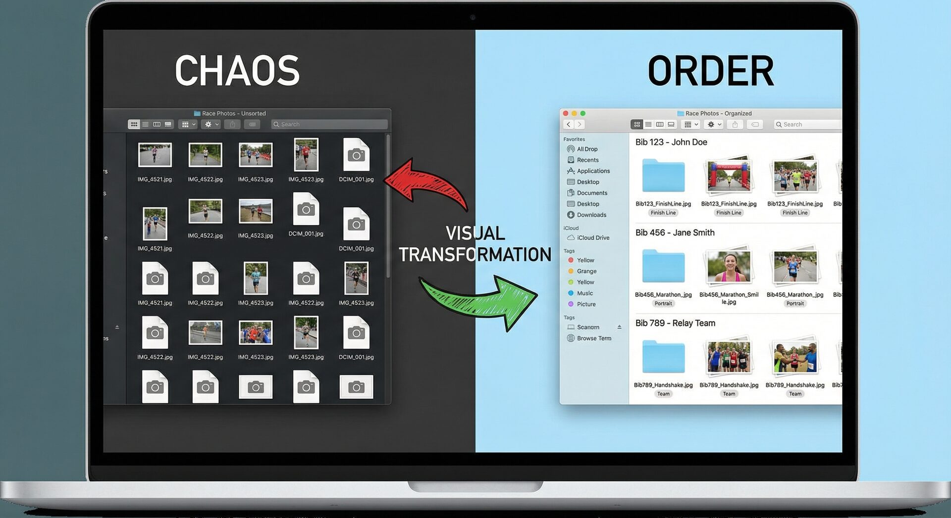 Before and after: messy unnamed photo files transformed into neatly organized folders by bib number with descriptive tags