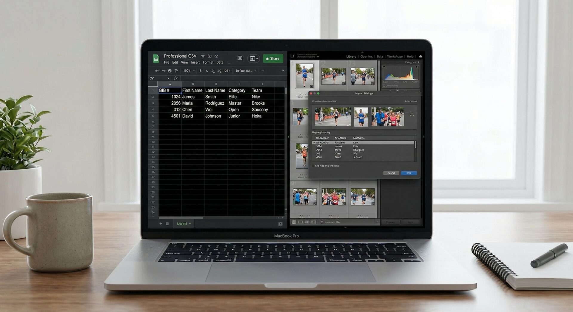 CSV spreadsheet with race participant data being imported into photo management software — bib numbers, names, categories