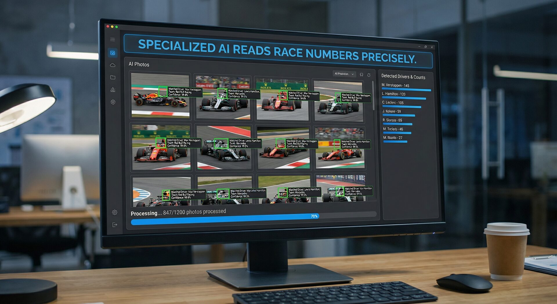 RaceTagger AI interface showing precise race number detection with driver names and confidence scores