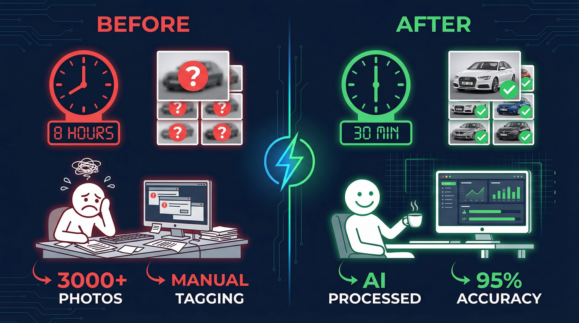 Before and after comparison: 8 hours of manual photo tagging vs 30 minutes with RaceTagger AI — 95% accuracy on 3000+ photos