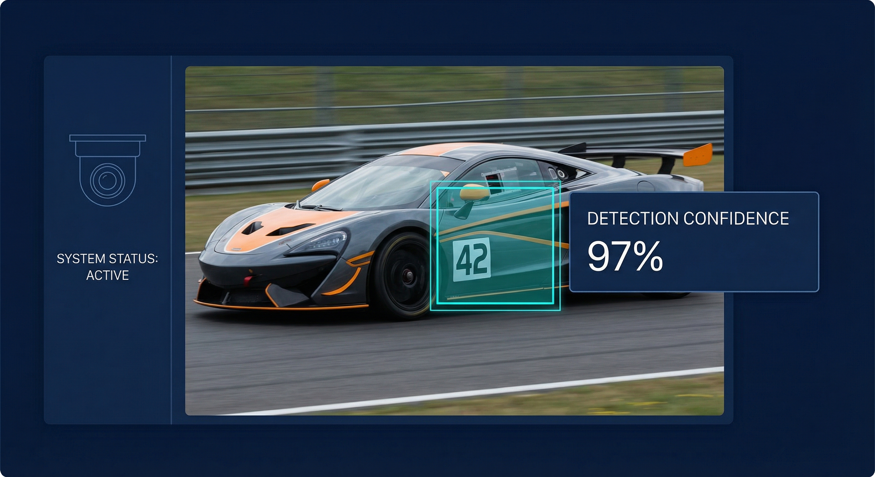 AI detection stage showing bounding boxes around race numbers on a motorsport photo
